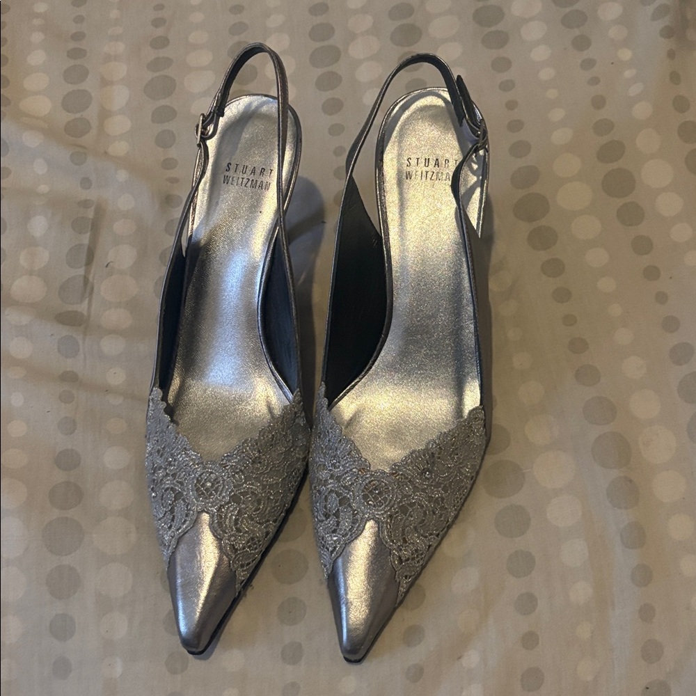 Stuart Weitzman Vintage Metallic Silver Lace Slingbacks